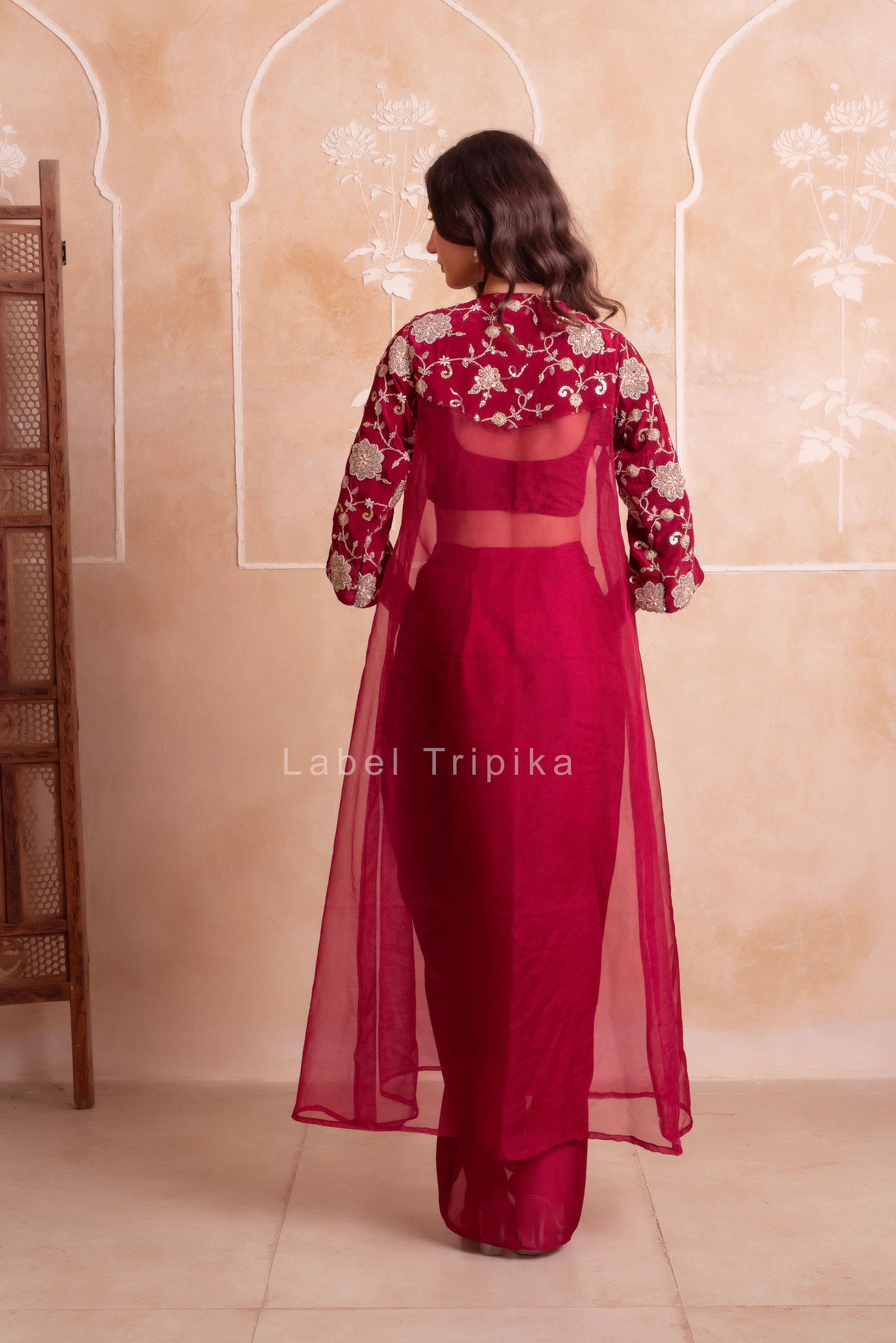 Maroon Satin Pre-Draped Skirt Shrug Set - LabelTrpika | Premium Womens Wear