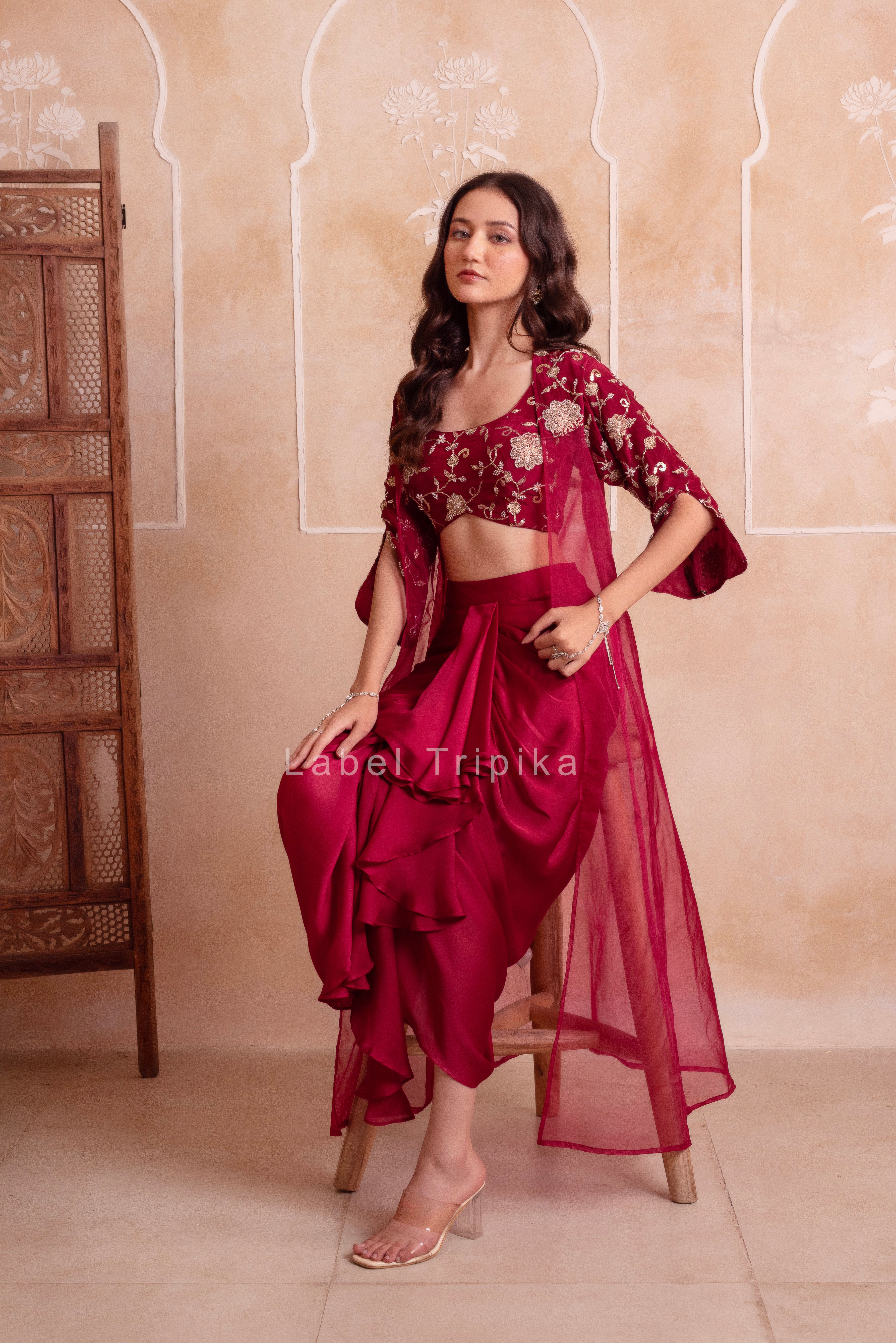 Maroon Satin Pre-Draped Skirt Shrug Set