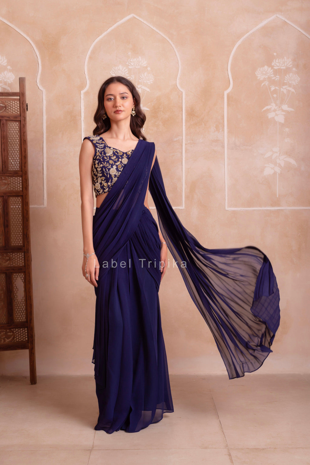 Navy Blue Georgette Ready To Drape Saree With Handwork Blouse - LabelTrpika | Premium Womens Wear