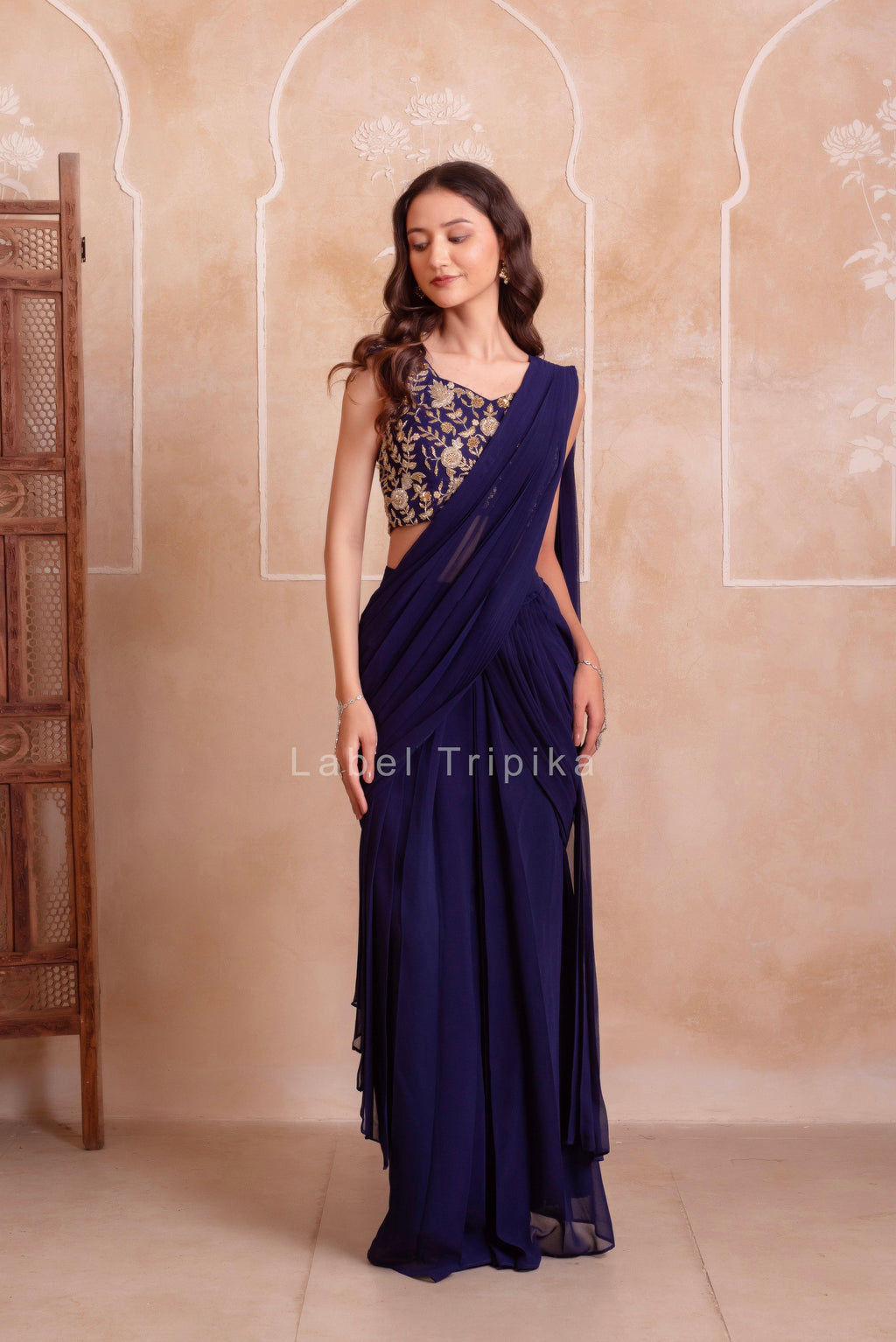 Navy Blue Georgette Ready To Drape Saree With Handwork Blouse - LabelTrpika | Premium Womens Wear