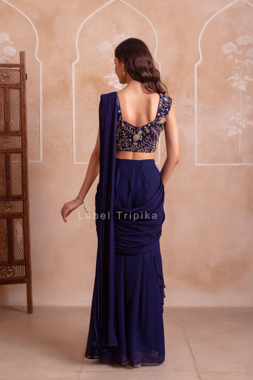 Navy Blue Georgette Ready To Drape Saree With Handwork Blouse - LabelTrpika | Premium Womens Wear