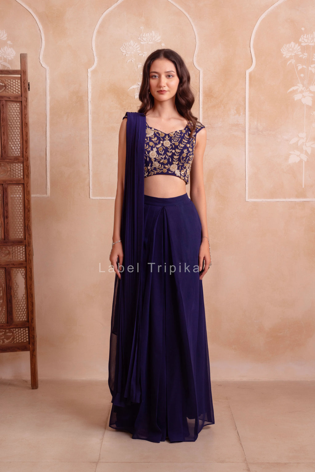 Navy Blue Georgette Ready To Drape Saree With Handwork Blouse - LabelTrpika | Premium Womens Wear