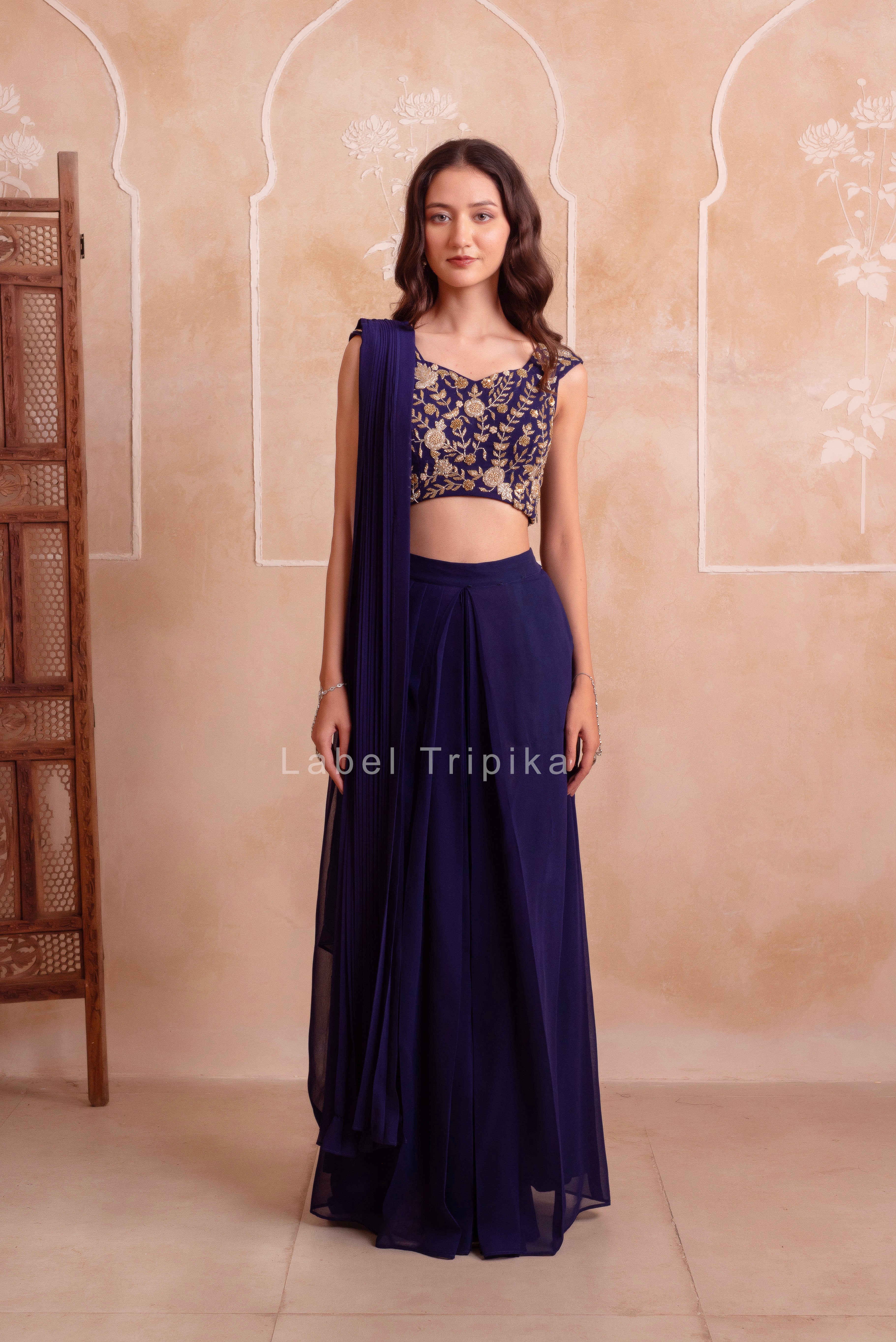 Navy Blue Georgette Ready To Drape Saree With Handwork Blouse