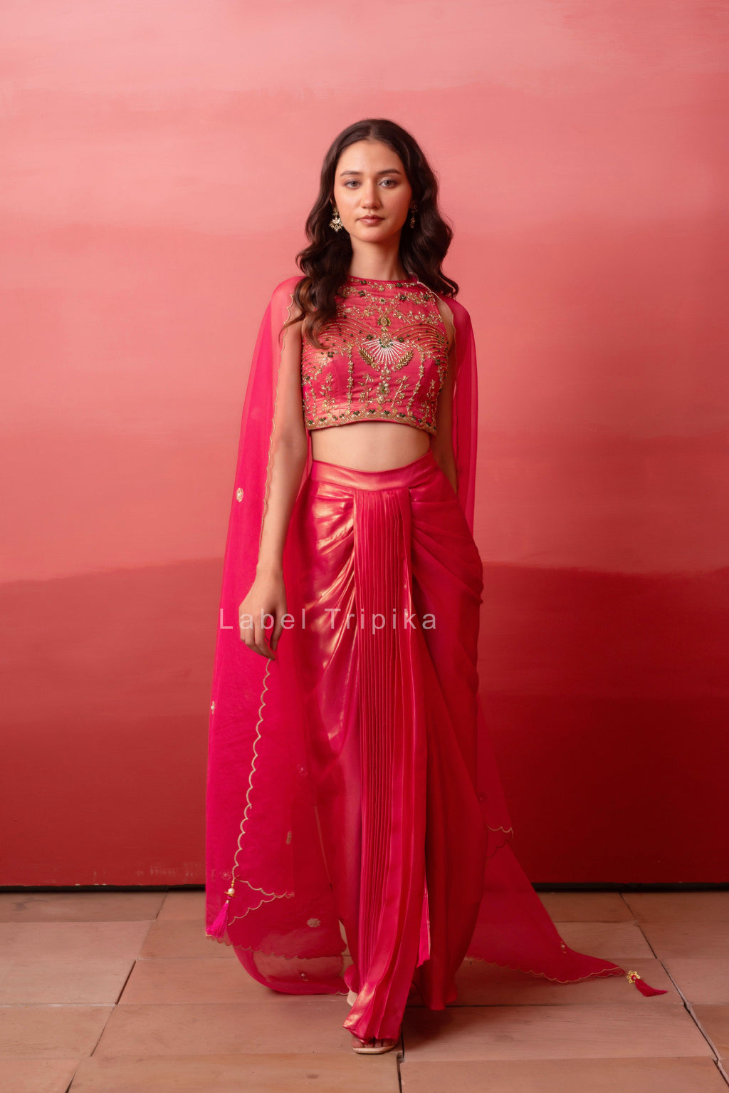 Glossy Pink Pre-Draped Skirt With Handwork Blouse & Dupatta - LabelTrpika | Premium Womens Wear