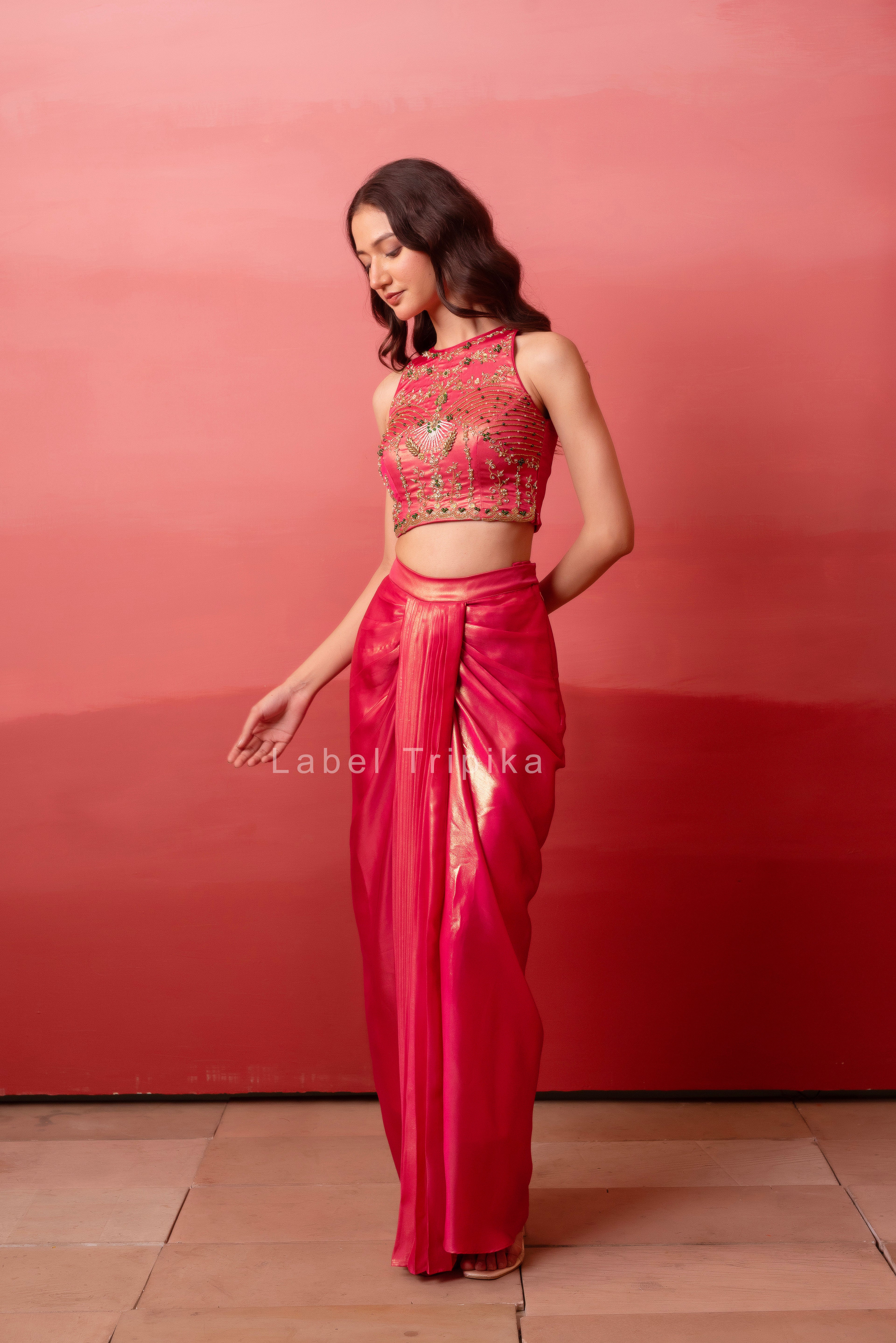 Glossy Pink Pre-Draped Skirt With Handwork Blouse & Dupatta