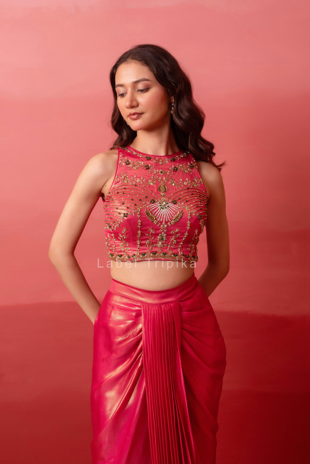 Glossy Pink Pre-Draped Skirt With Handwork Blouse & Dupatta - LabelTrpika | Premium Womens Wear