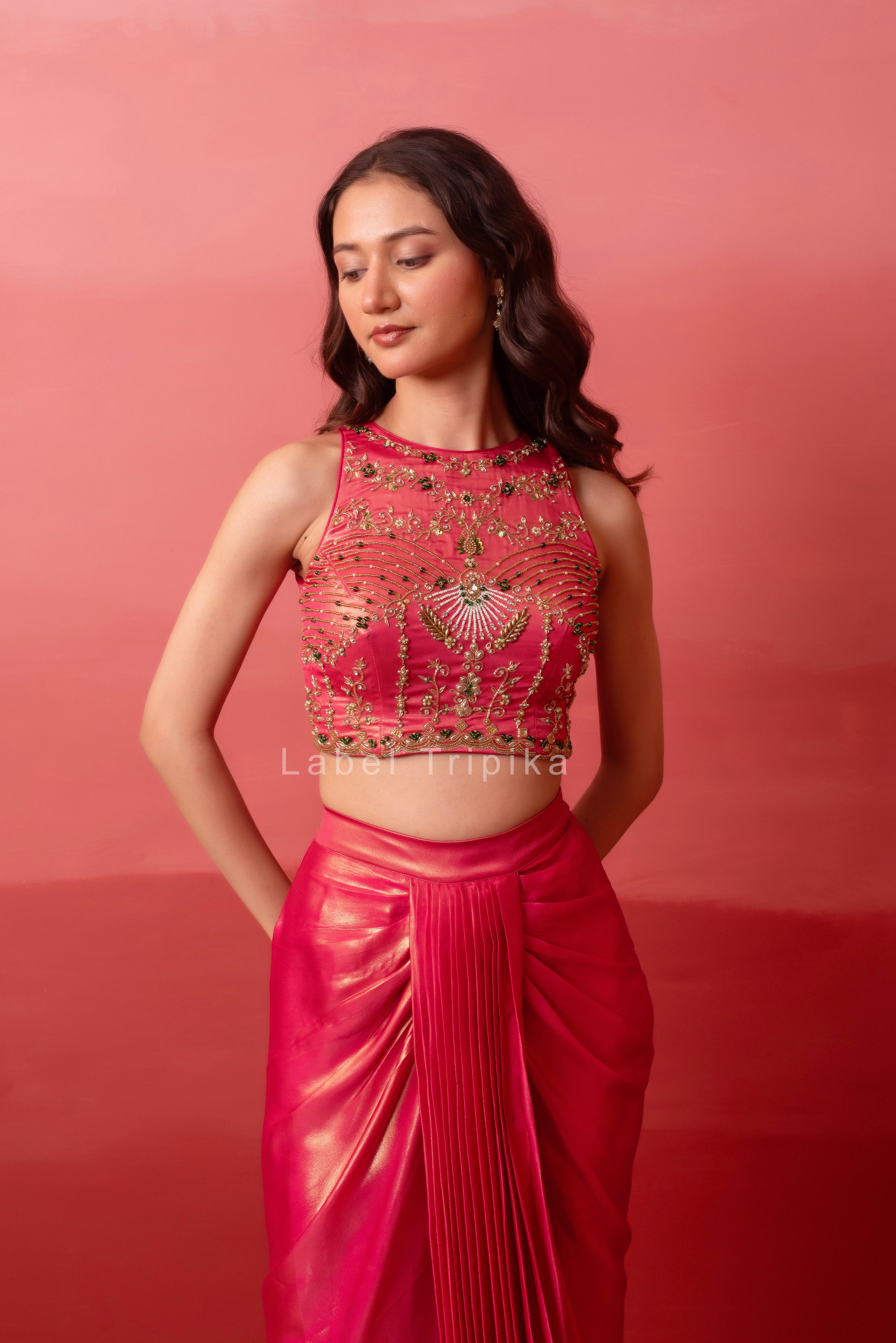 Glossy Pink Pre-Draped Skirt With Handwork Blouse & Dupatta