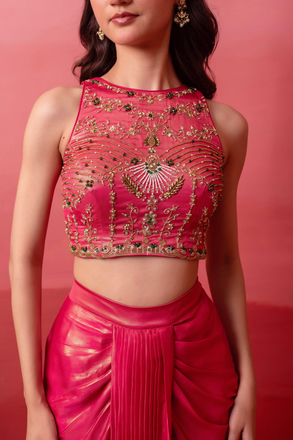 Glossy Pink Pre-Draped Skirt With Handwork Blouse & Dupatta - LabelTrpika | Premium Womens Wear