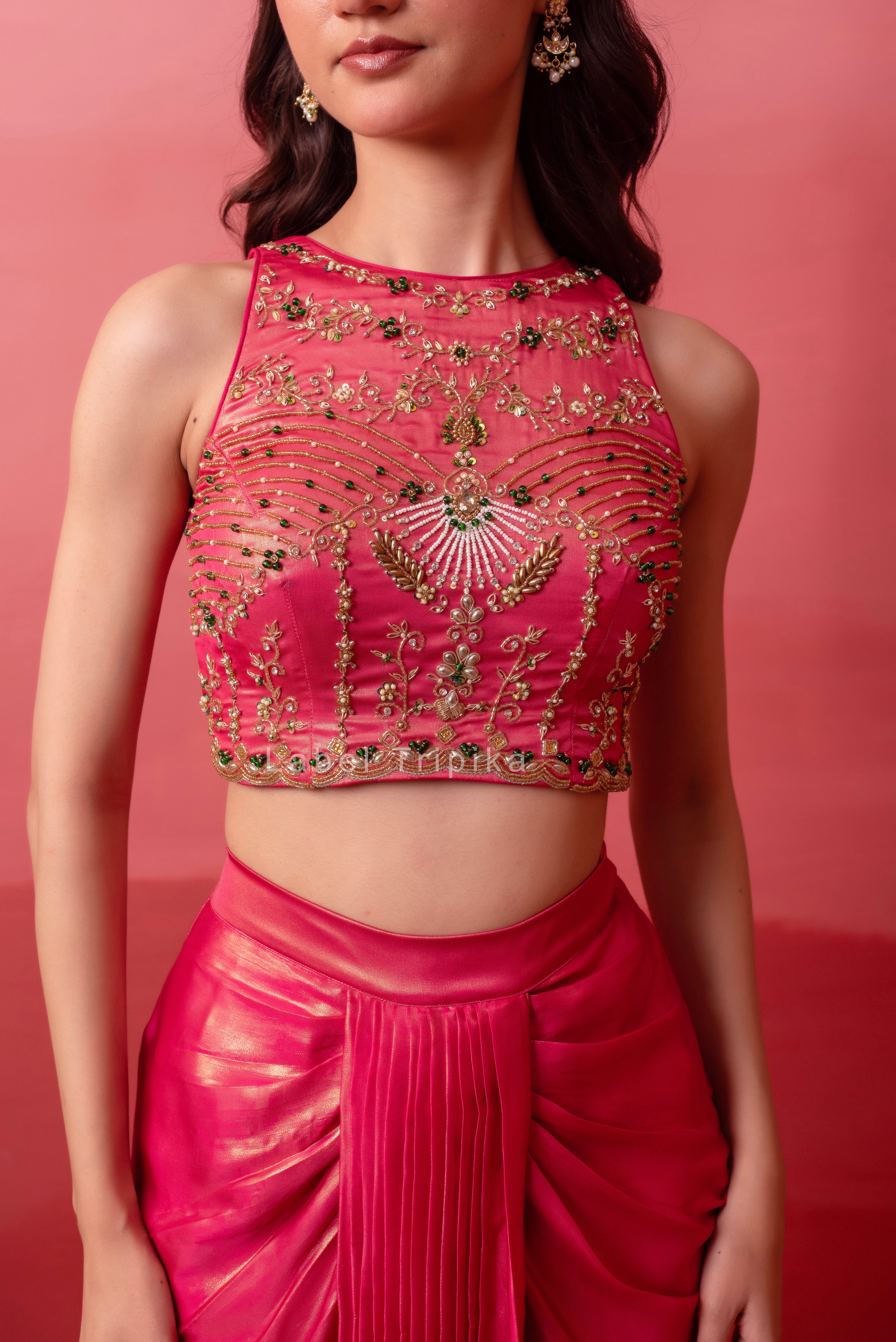 Glossy Pink Pre-Draped Skirt With Handwork Blouse & Dupatta