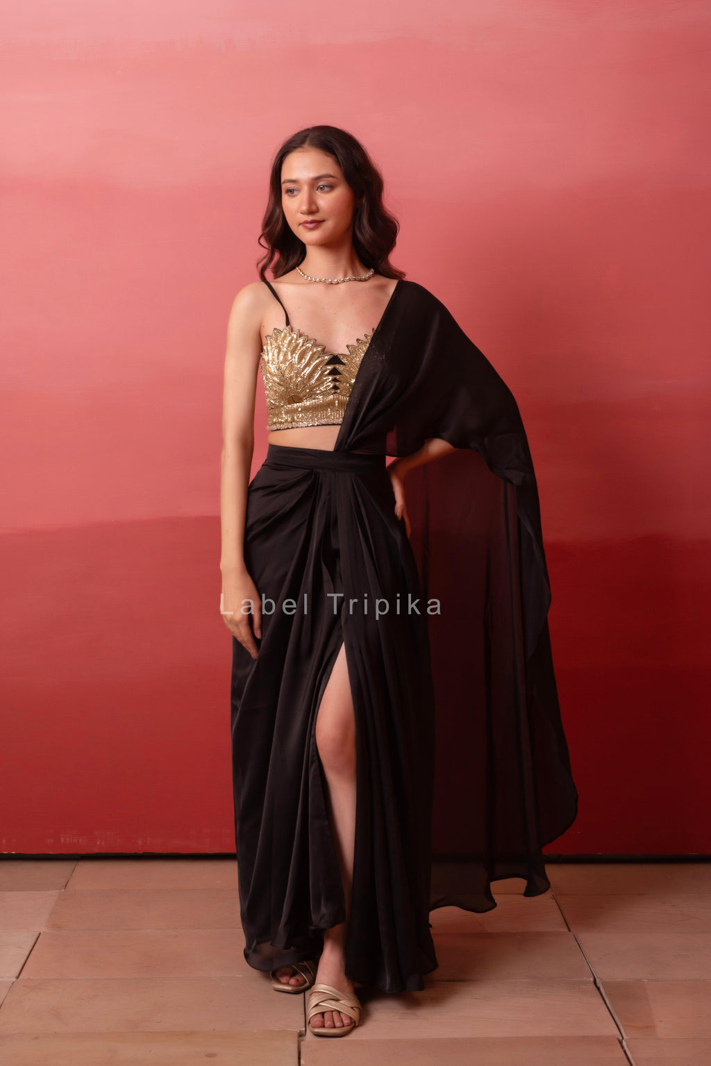 Black Satin Pre-Drape Slit Saree With Sequin Handwork Blouse - LabelTrpika | Premium Womens Wear