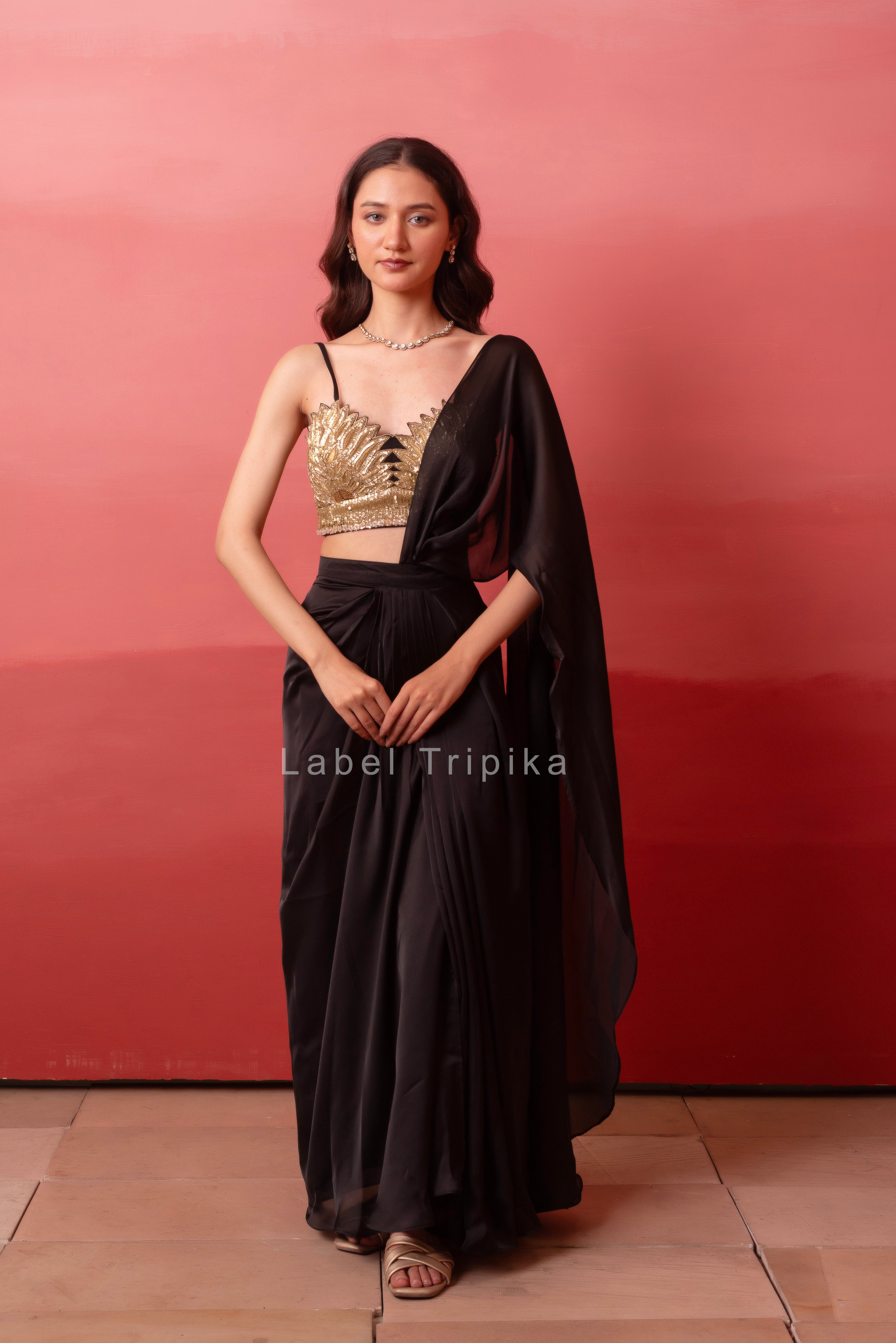 Black Satin Pre-Drape Slit Saree With Sequin Handwork Blouse