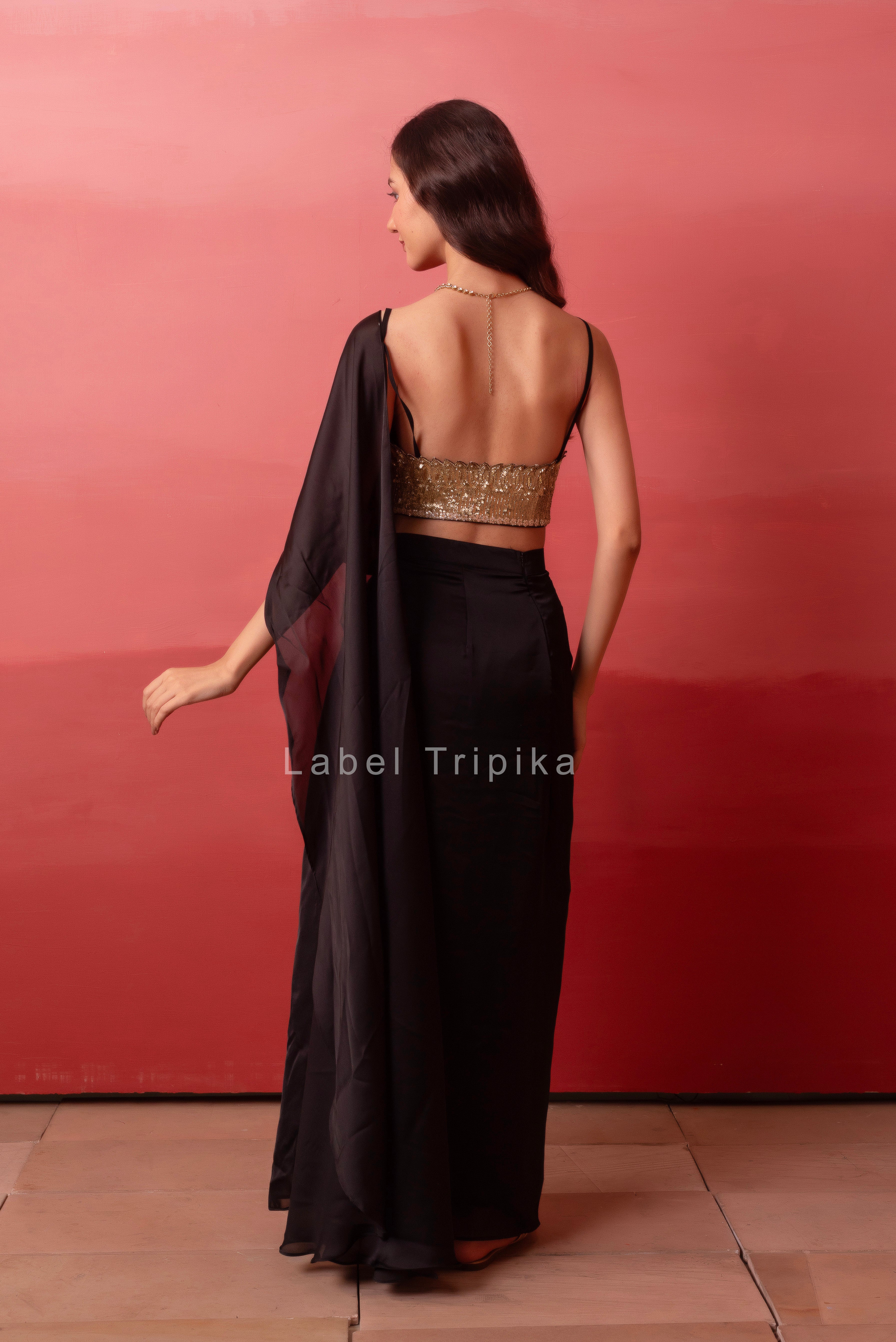 Black Satin Pre-Drape Slit Saree With Sequin Handwork Blouse
