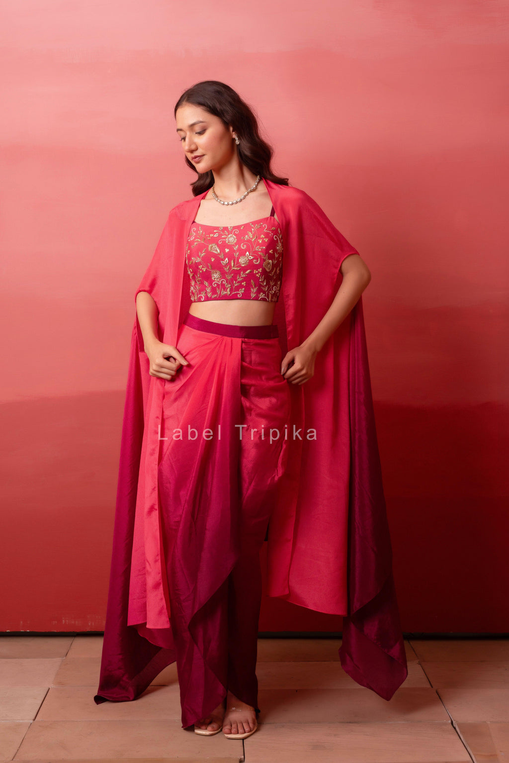 Pink Ombre Pre-Drape Skirt With Handwork Blouse & Ombre Dupatta - LabelTrpika | Premium Womens Wear