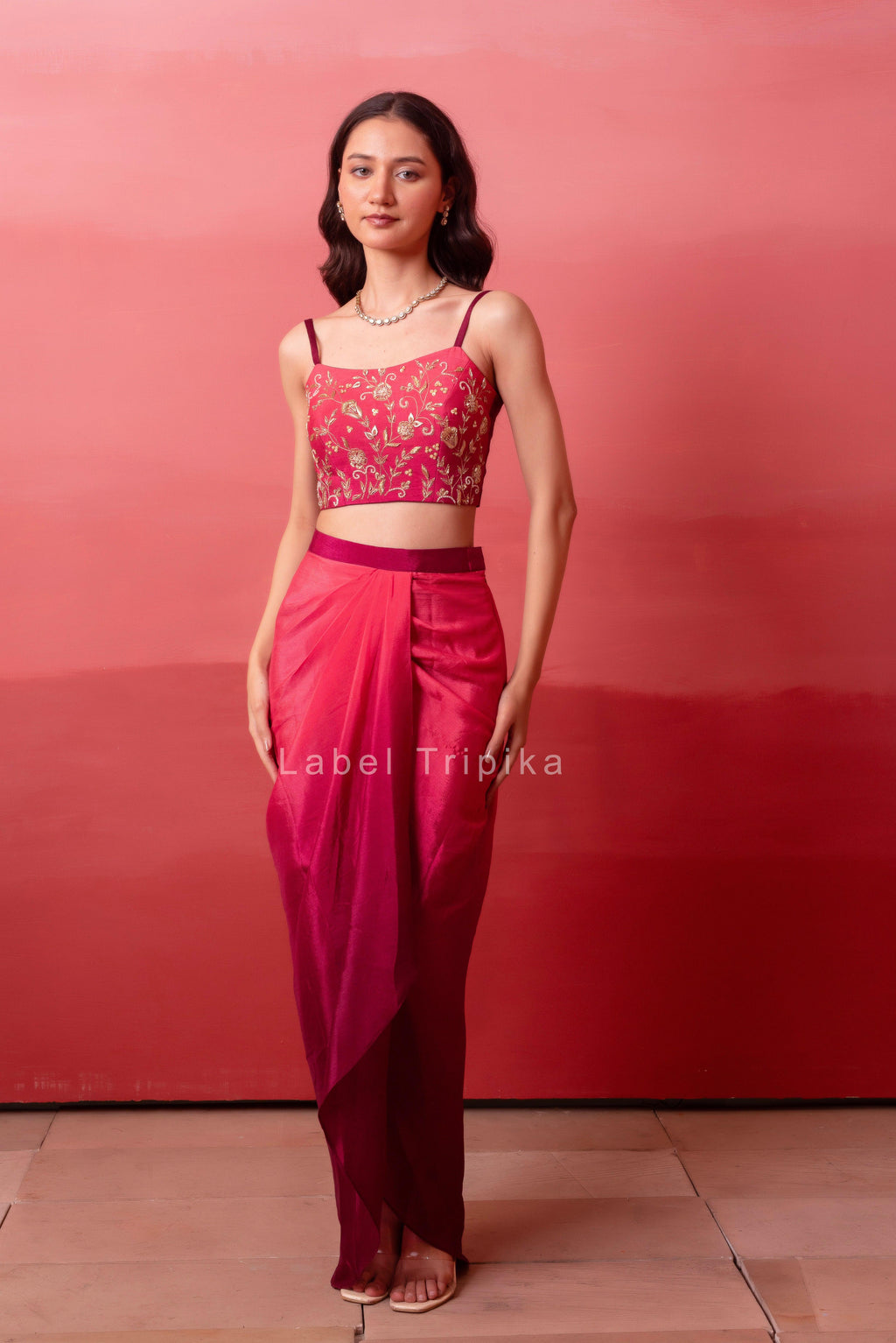 Pink Ombre Pre-Drape Skirt With Handwork Blouse & Ombre Dupatta - LabelTrpika | Premium Womens Wear