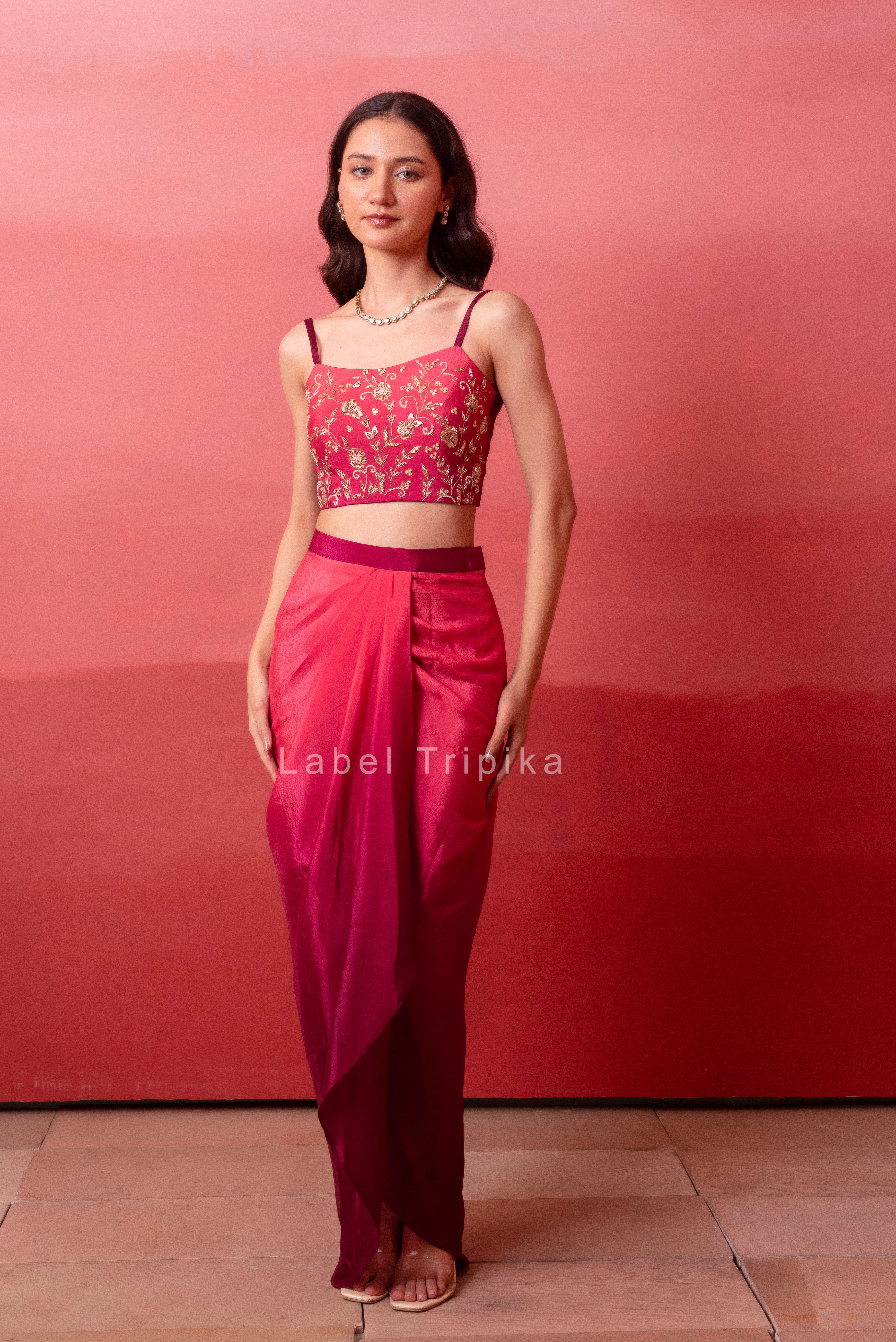Pink Ombre Pre-Drape Skirt With Handwork Blouse & Ombre Dupatta