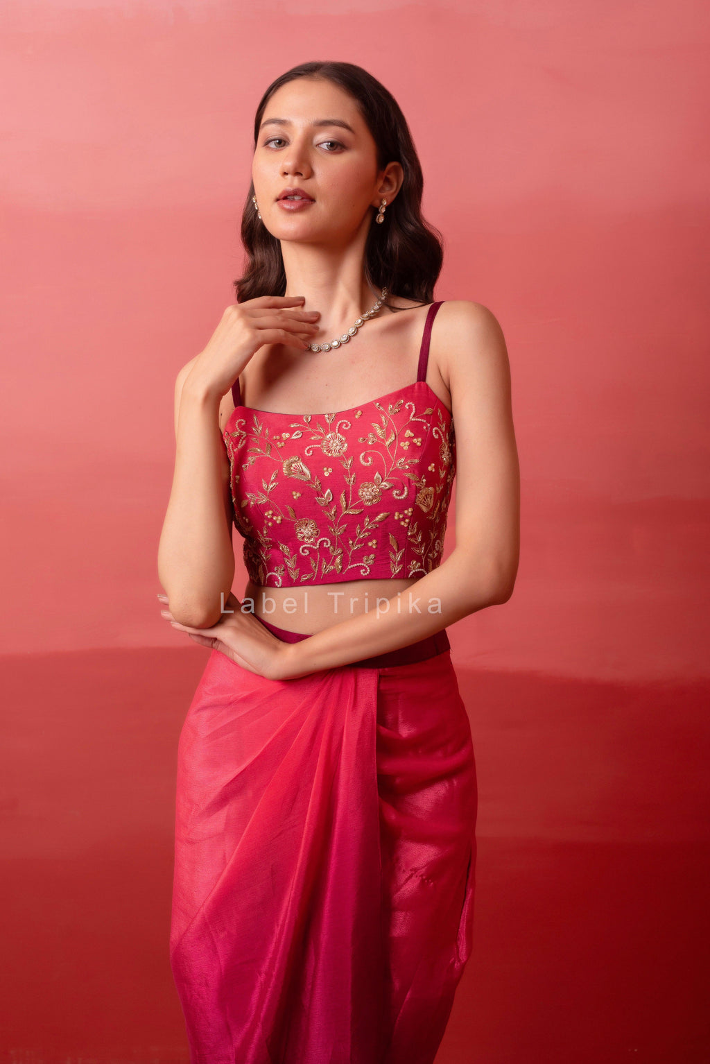 Pink Ombre Pre-Drape Skirt With Handwork Blouse & Ombre Dupatta - LabelTrpika | Premium Womens Wear