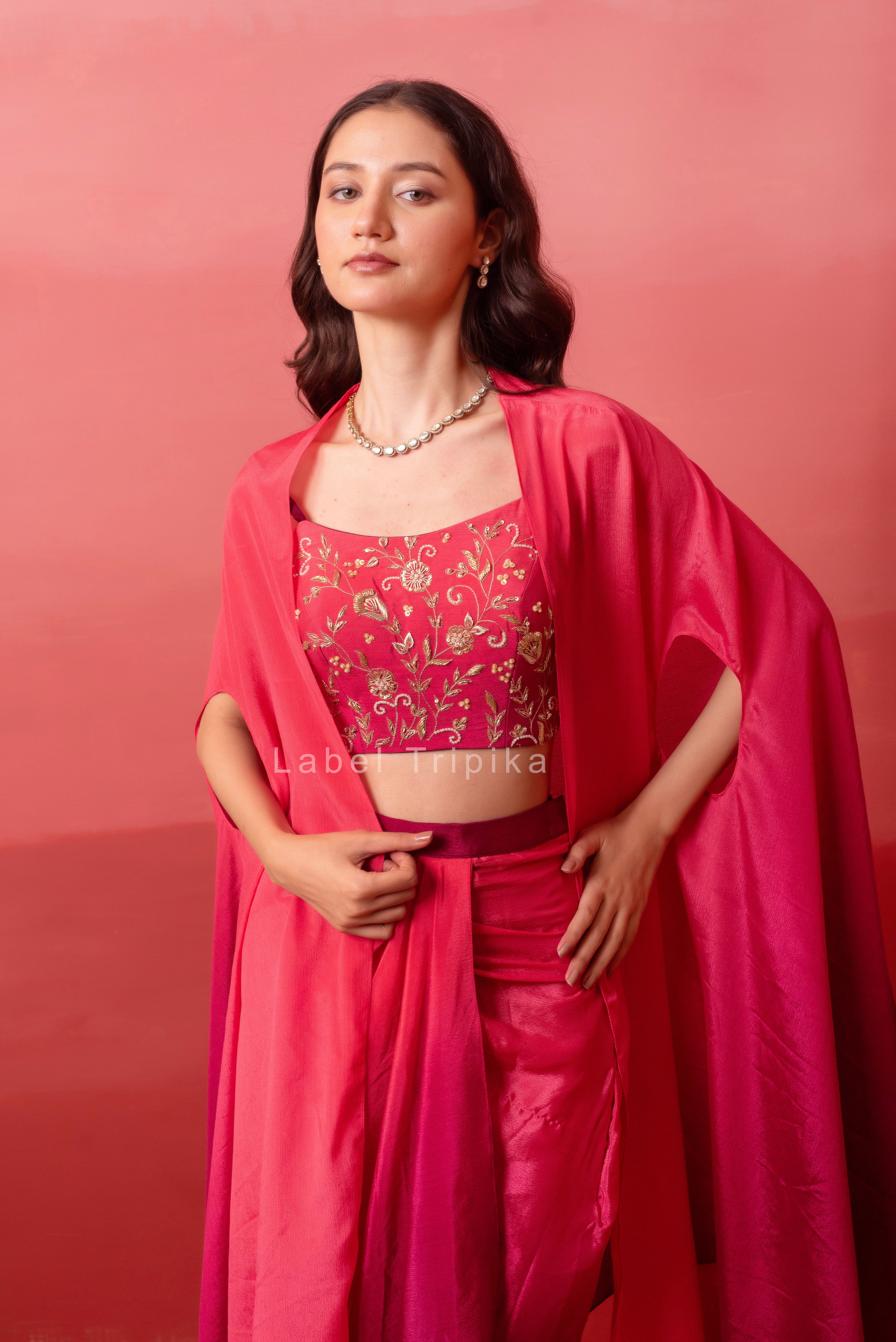 Pink Ombre Pre-Drape Skirt With Handwork Blouse & Ombre Dupatta