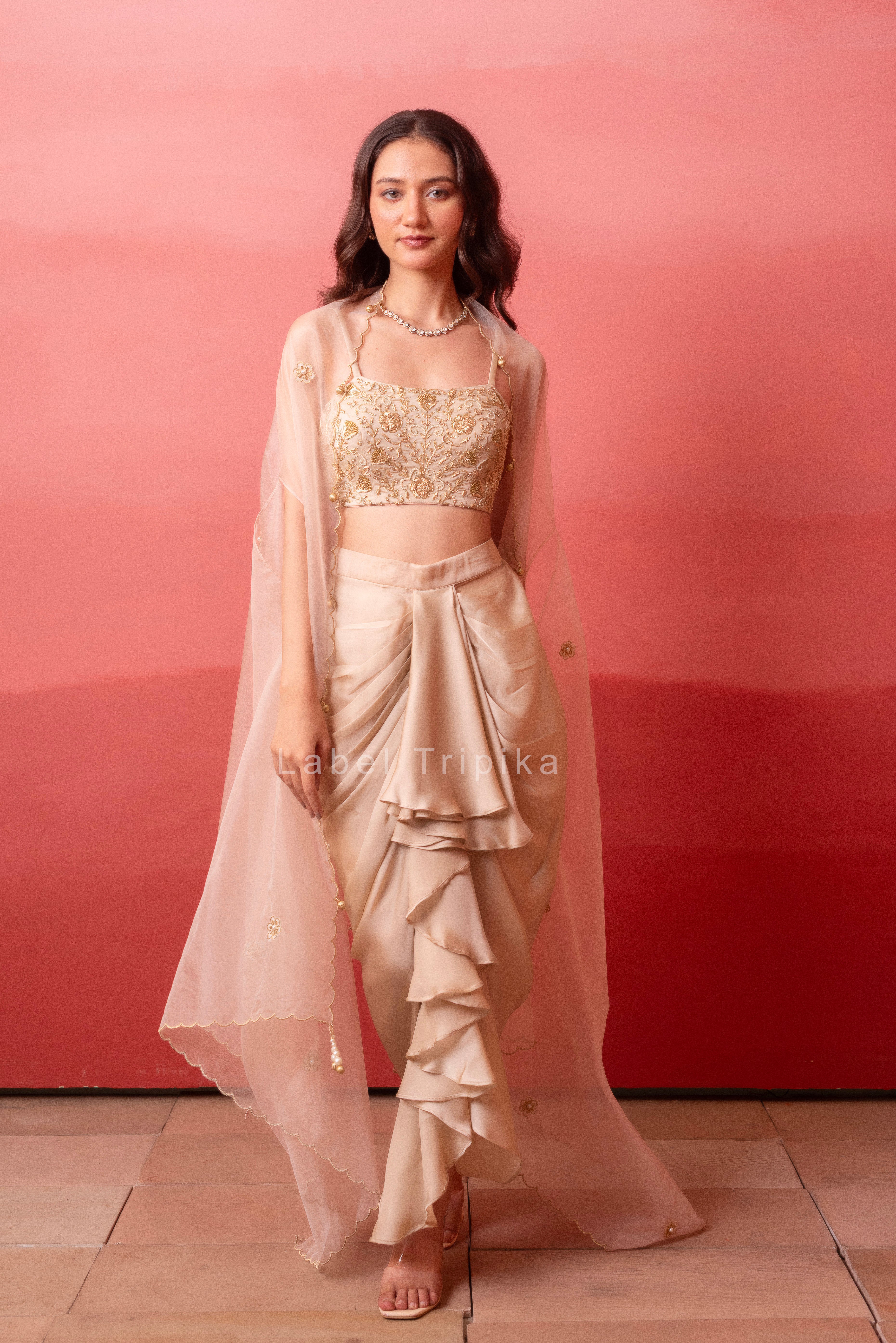 Champagne Gold Pre-Draped Skirt With Handwork Blouse & Organza Shrug