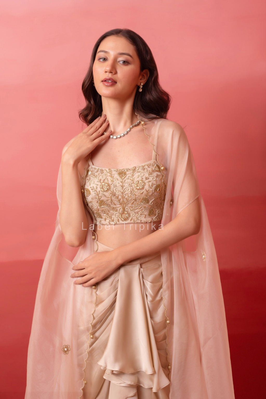 Champagne Gold Pre-Draped Skirt With Handwork Blouse & Organza Shrug - LabelTrpika | Premium Womens Wear