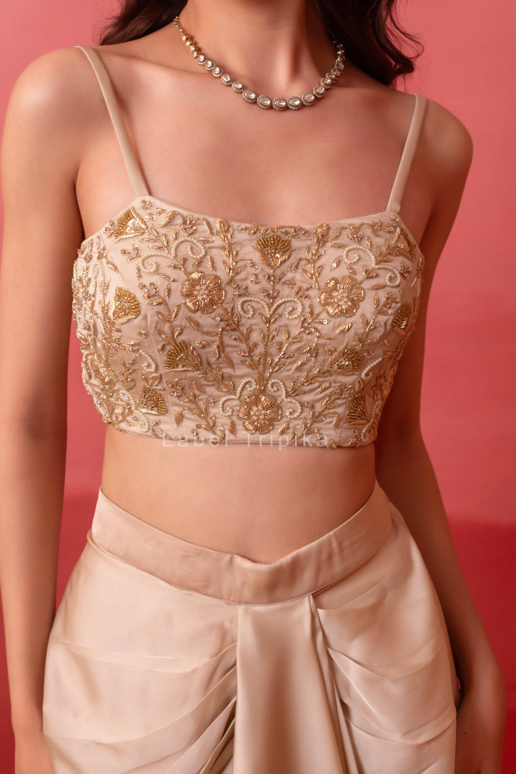 Champagne Gold Pre-Draped Skirt With Handwork Blouse & Organza Shrug - LabelTrpika | Premium Womens Wear