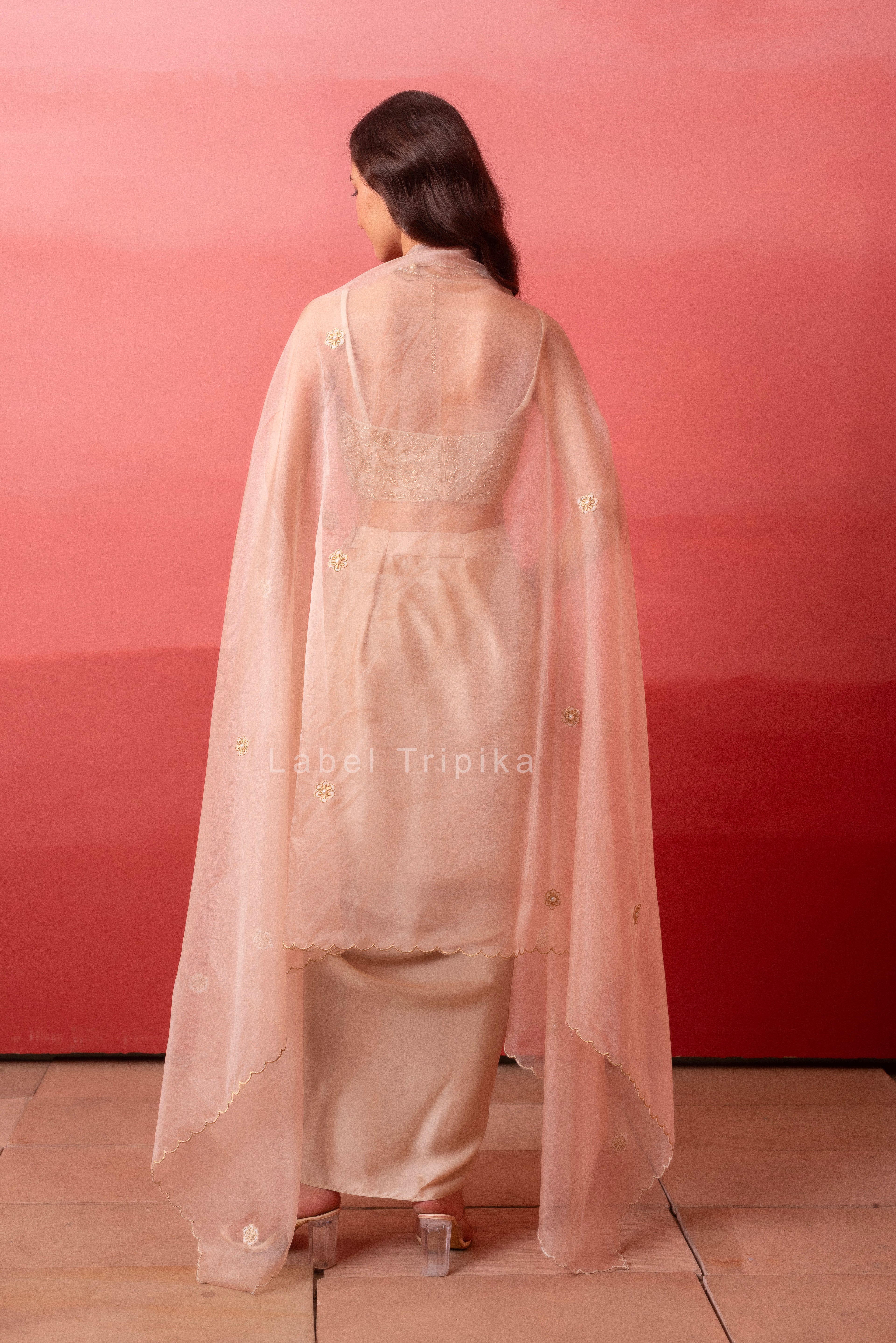 Champagne Gold Pre-Draped Skirt With Handwork Blouse & Organza Shrug