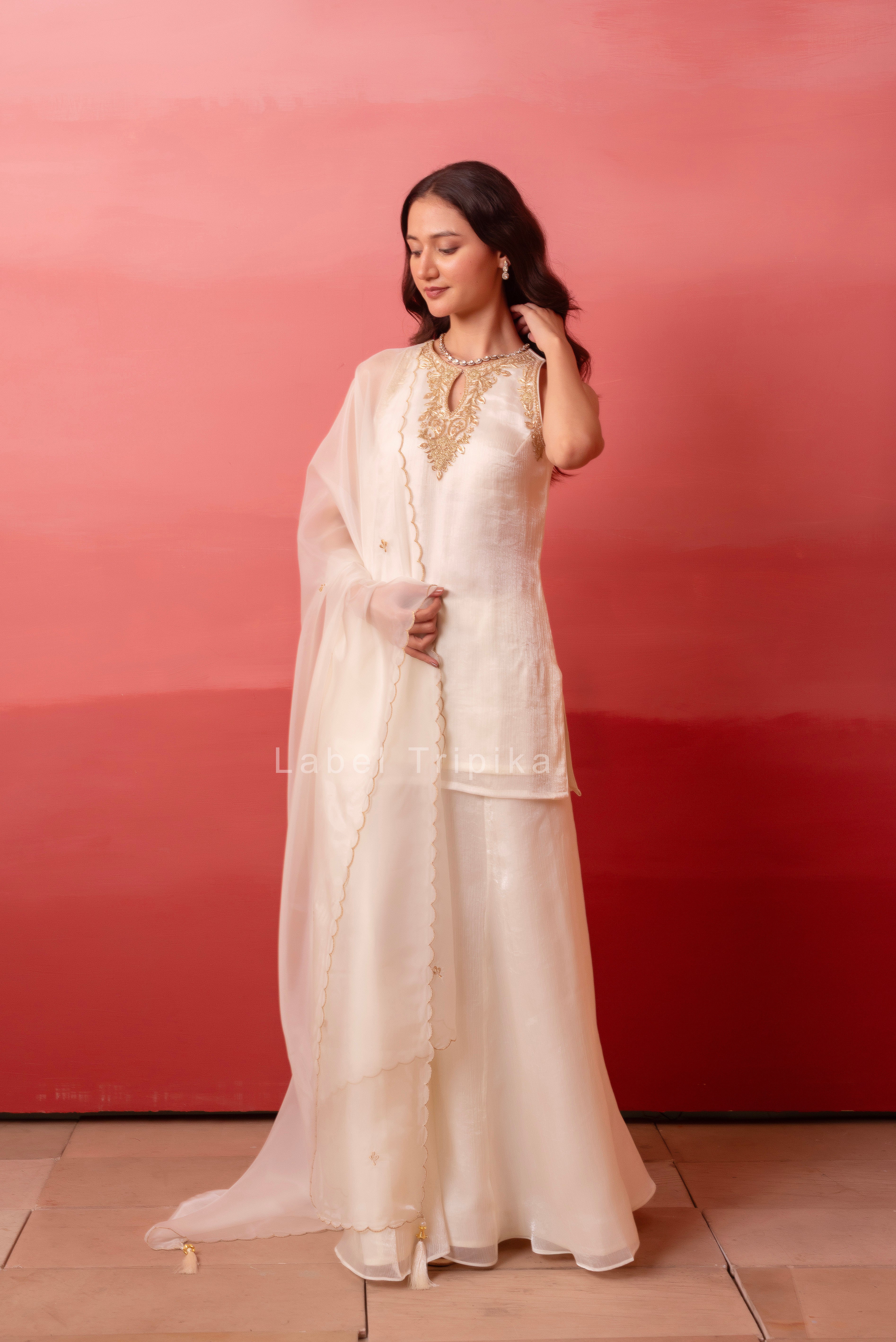 White Handwork Kurta Palazzo Set With Organza Dupatta
