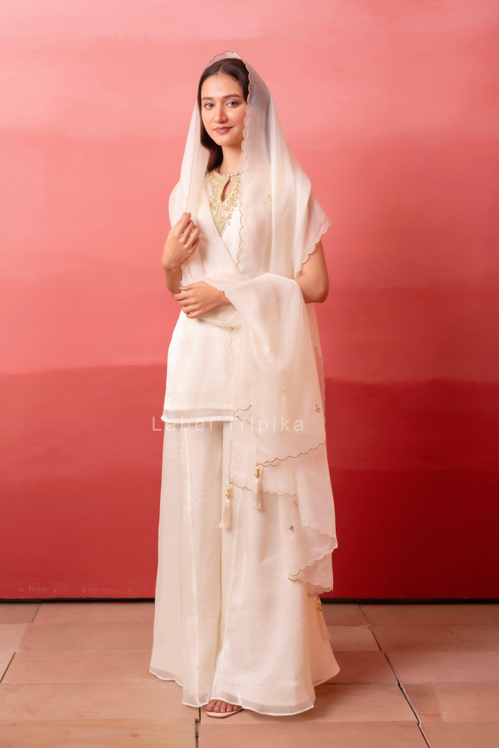 White Handwork Kurta Palazzo Set With Organza Dupatta - LabelTrpika | Premium Womens Wear