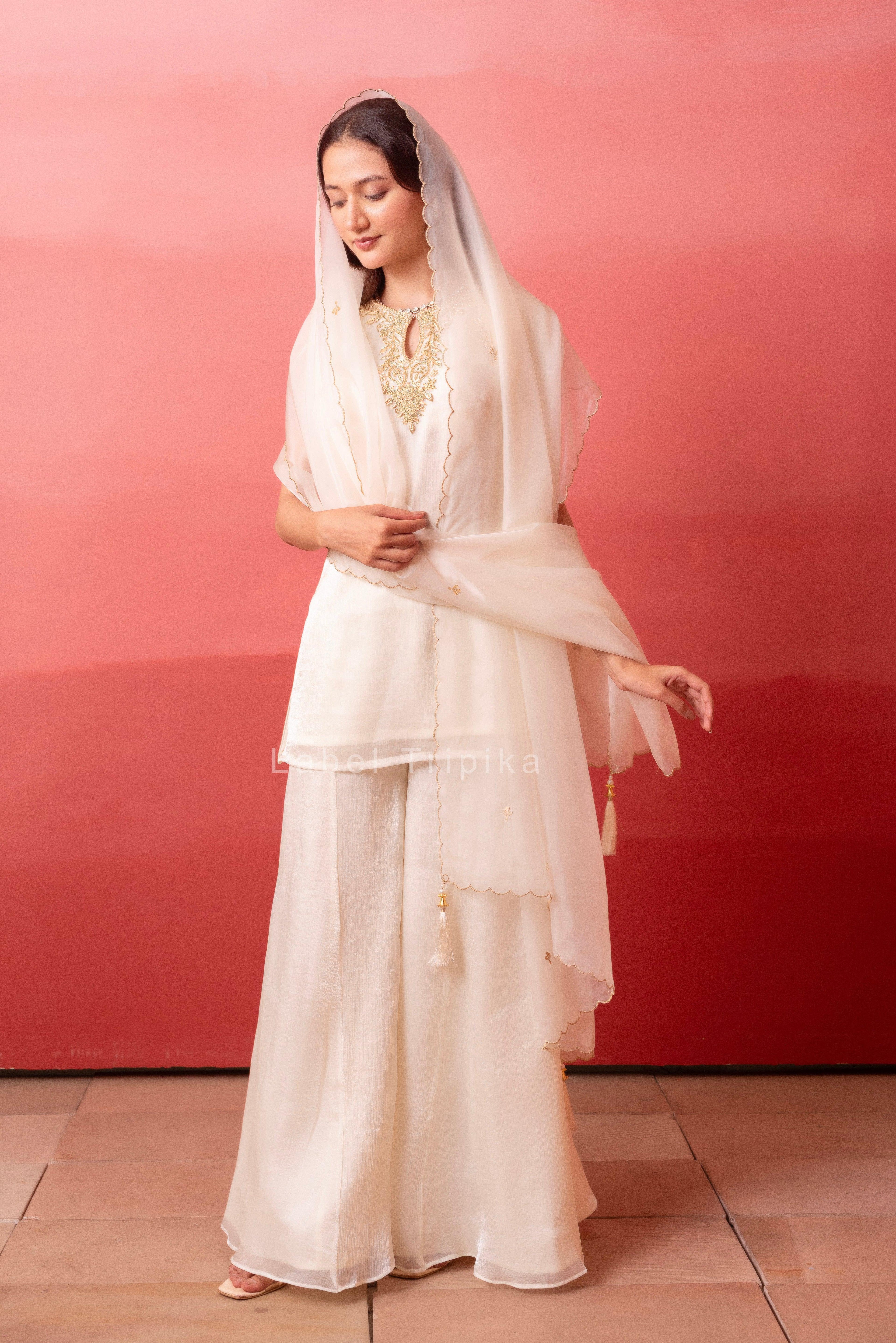 White Handwork Kurta Palazzo Set With Organza Dupatta - LabelTrpika | Premium Womens Wear