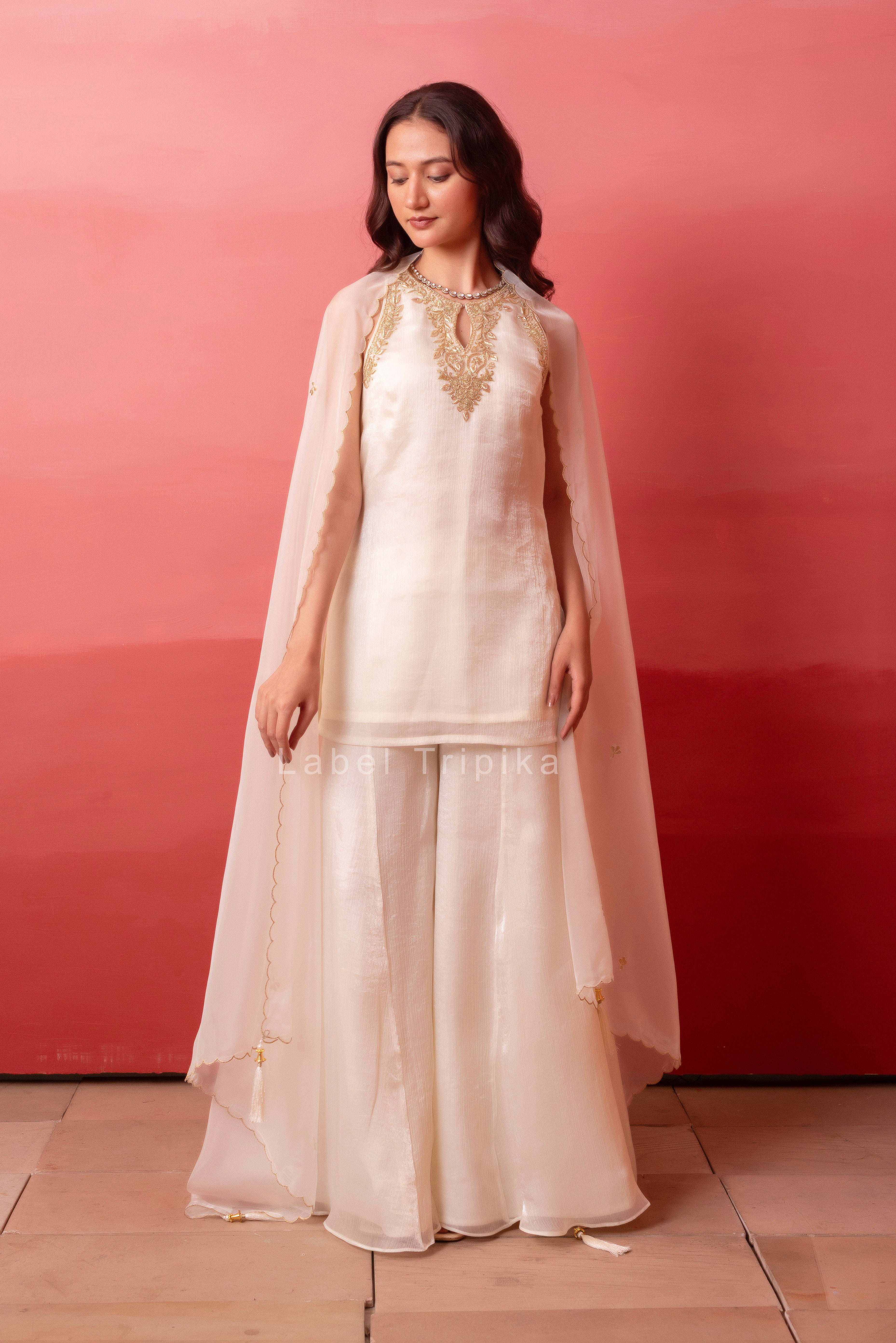 White Handwork Kurta Palazzo Set With Organza Dupatta