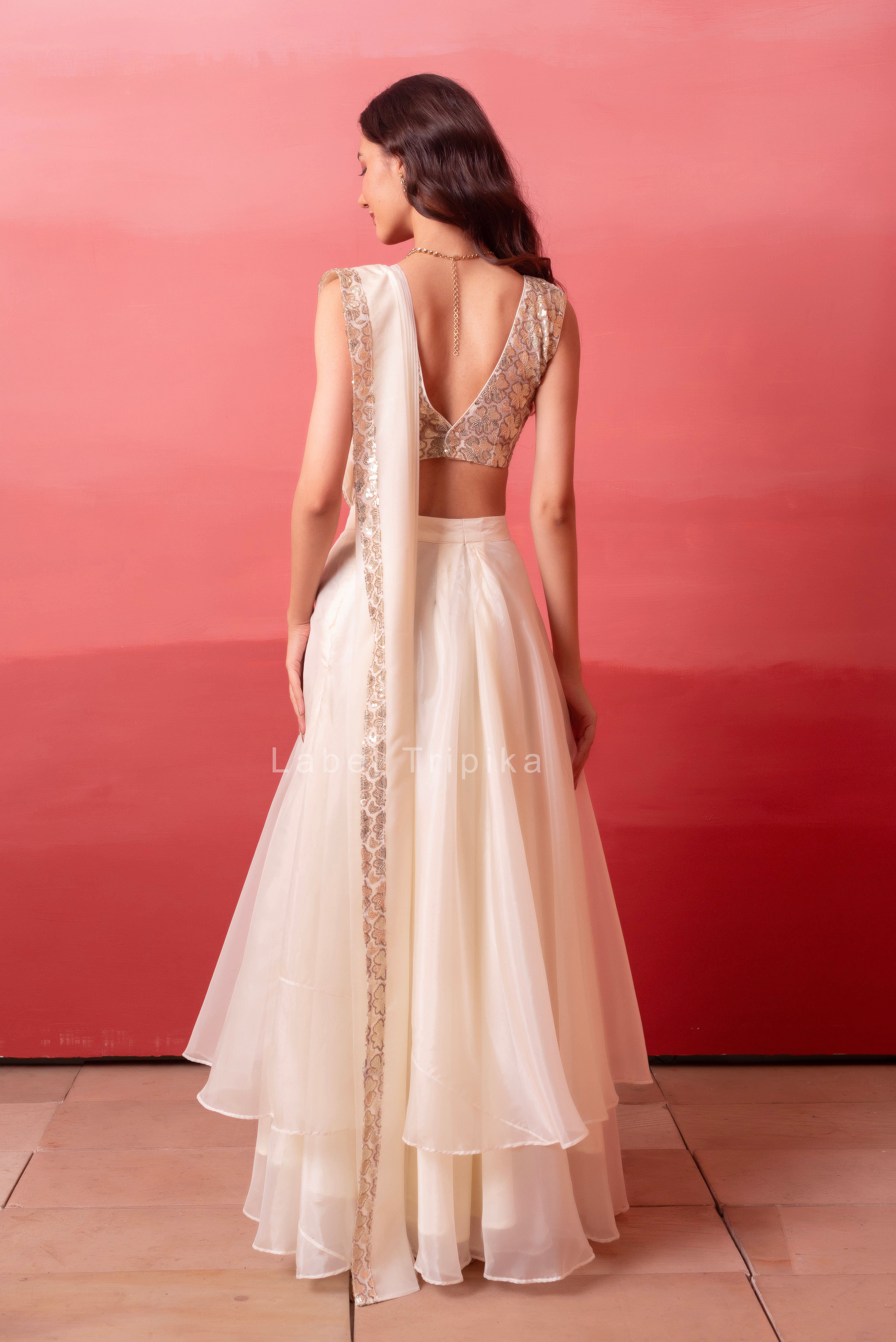 White Pre-Draped Skirt Saree With Sequin Blouse