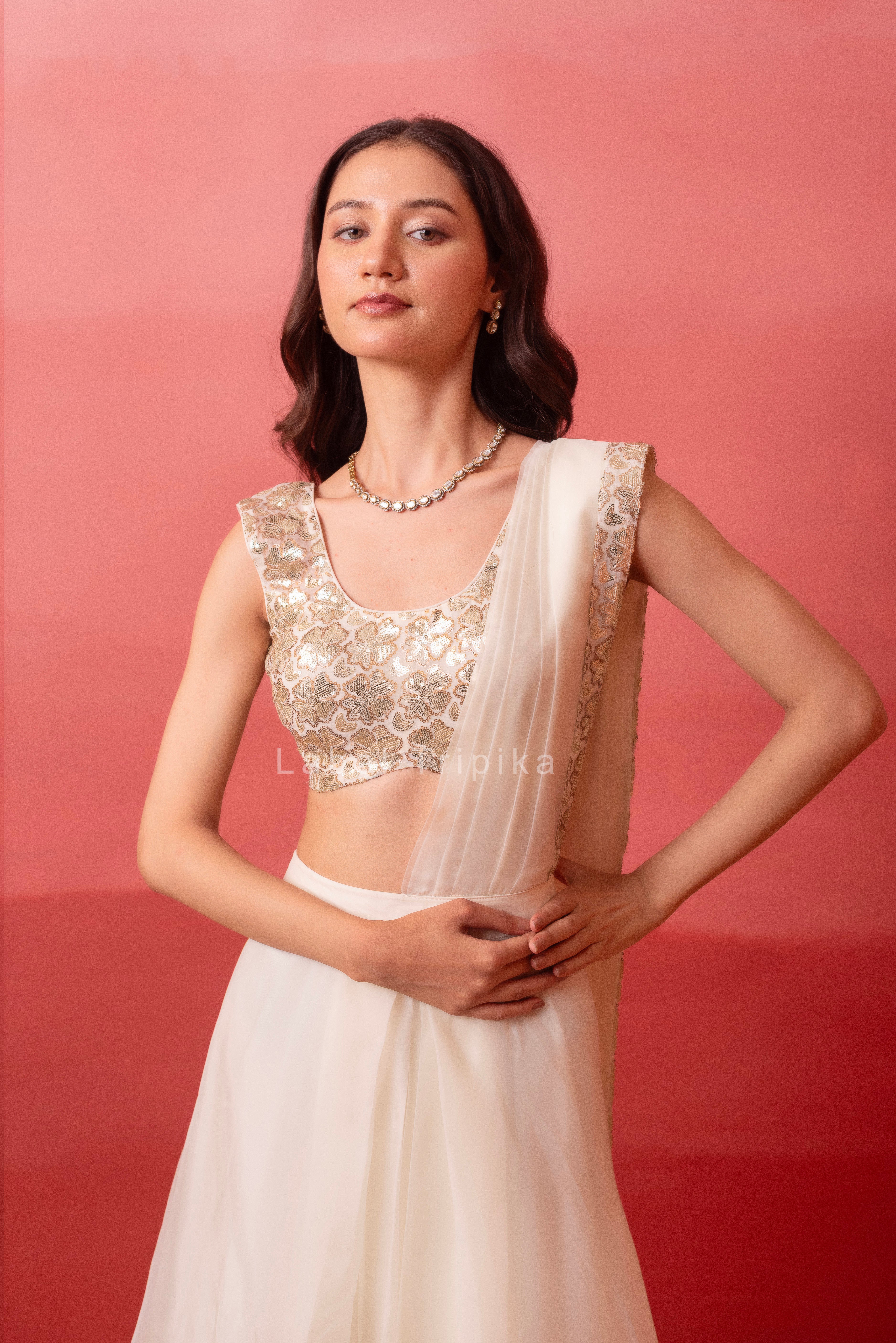 White Pre-Draped Skirt Saree With Sequin Blouse