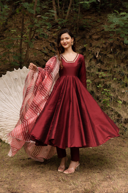 Maroon Dupain Silk Anarkali Suit Set with Lehriya Embroided Dupatta