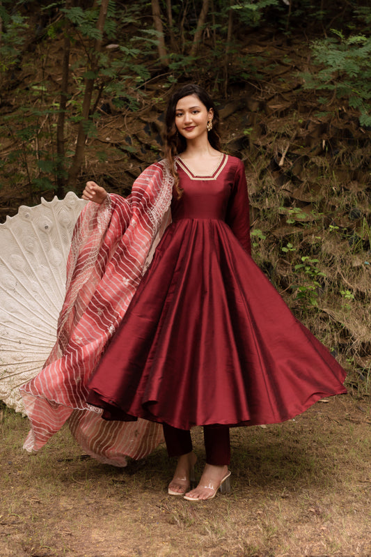 Maroon Dupain Silk Anarkali Suit Set with Lehriya Embroided Dupatta