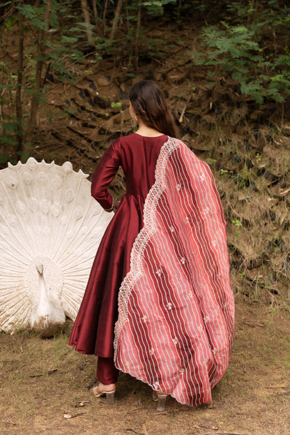 Maroon Dupain Silk Anarkali Suit Set with Lehriya Embroided Dupatta