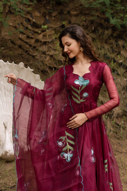 Maroon Handpainted Anarkali Suit Set