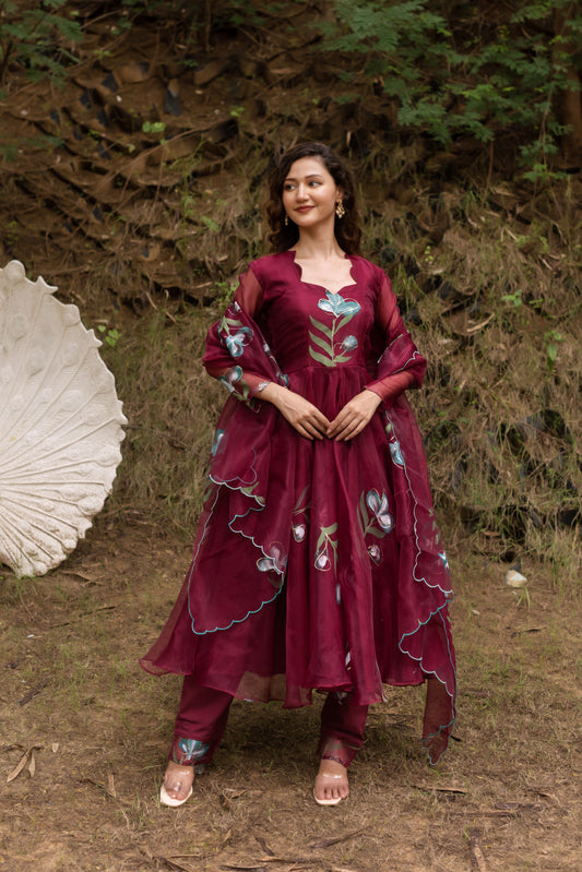 Maroon Handpainted Anarkali Suit Set