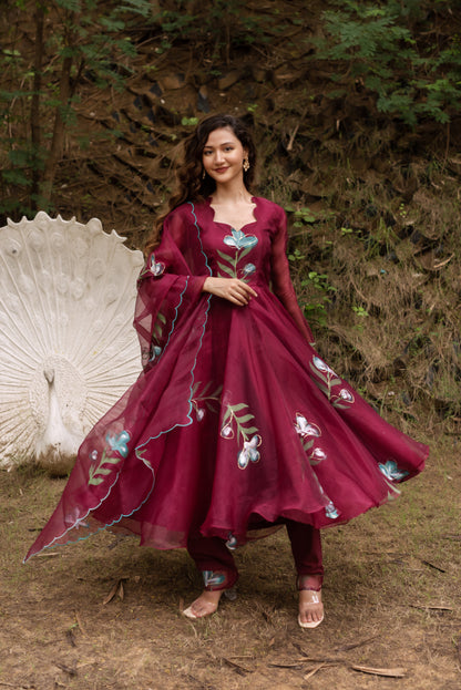 Maroon Handpainted Anarkali Suit Set