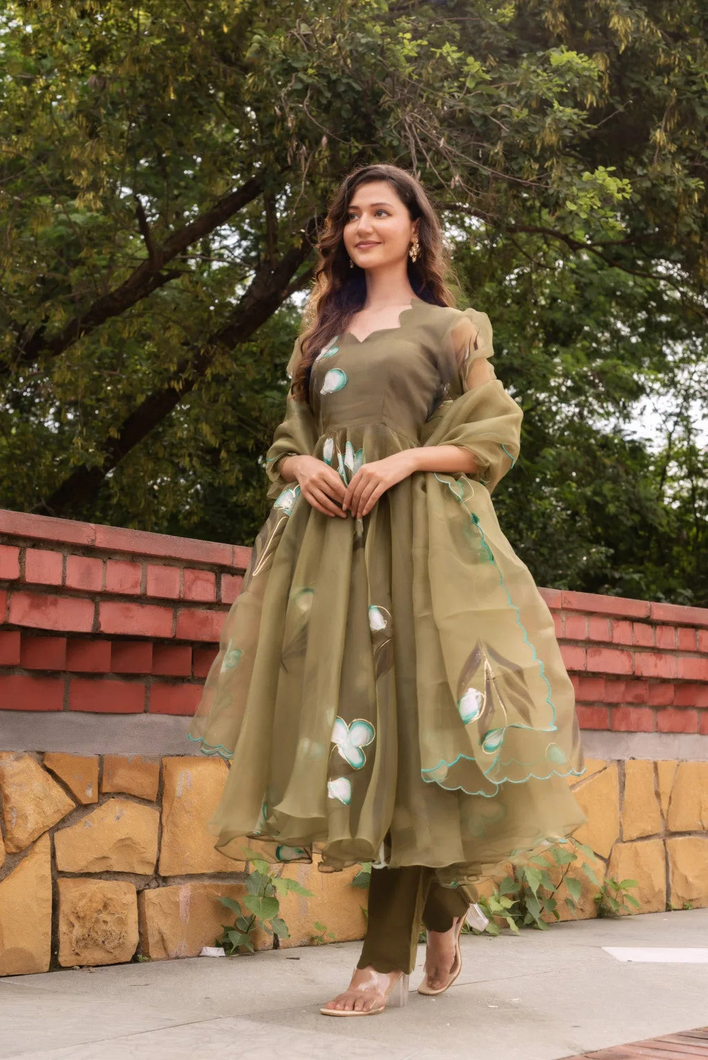 Olive Green Handpainted Anarkali Suit Set - LabelTrpika | Premium Womens Wear
