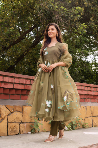 Olive Green Handpainted Anarkali Suit Set