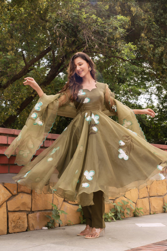 Olive Green Handpainted Anarkali Suit Set