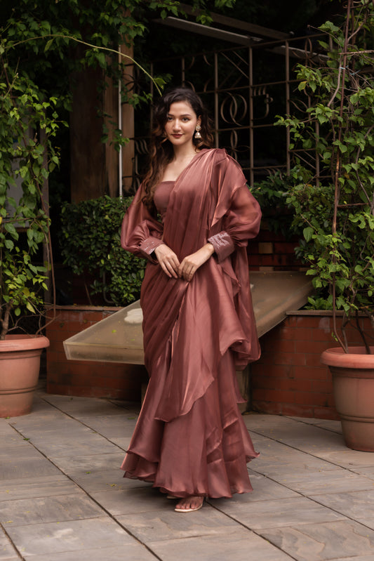 Rosegold Organza Seqin Ready To Drape Saree