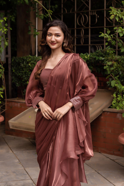 Rosegold Organza Seqin Ready To Drape Saree