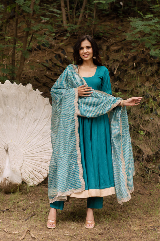 Sea Green Rayon  Anarkali Suit Set with Lehriya Embroided Dupatta