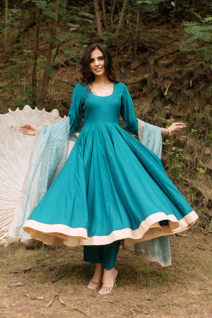 Sea Green Rayon  Anarkali Suit Set with Lehriya Embroided Dupatta