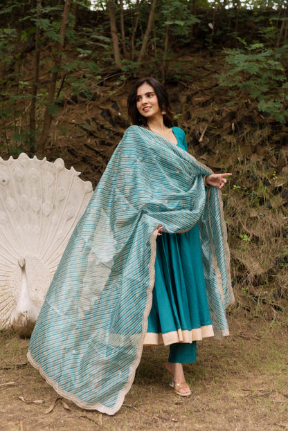 Sea Green Rayon  Anarkali Suit Set with Lehriya Embroided Dupatta