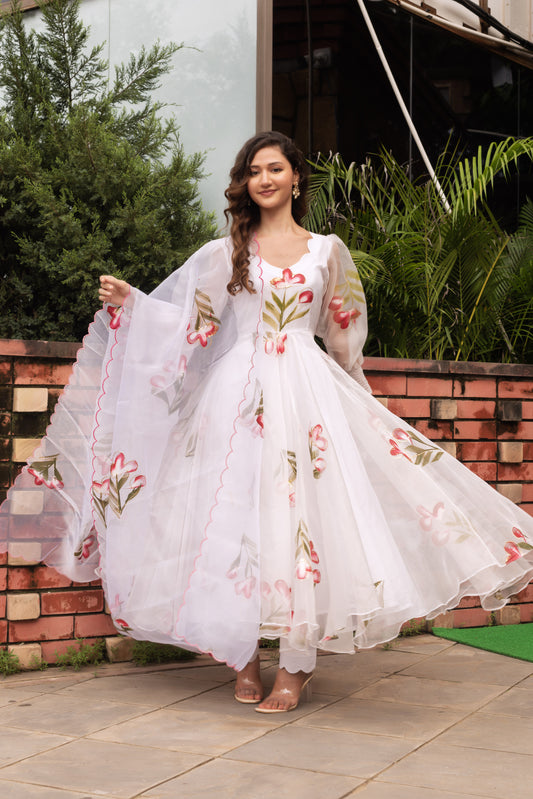 White Organza Handpainted Anarkali Suit Set