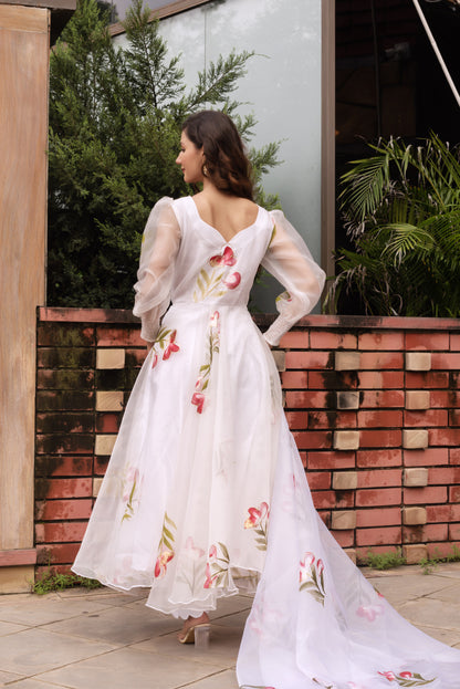 White Organza Handpainted Anarkali Suit Set