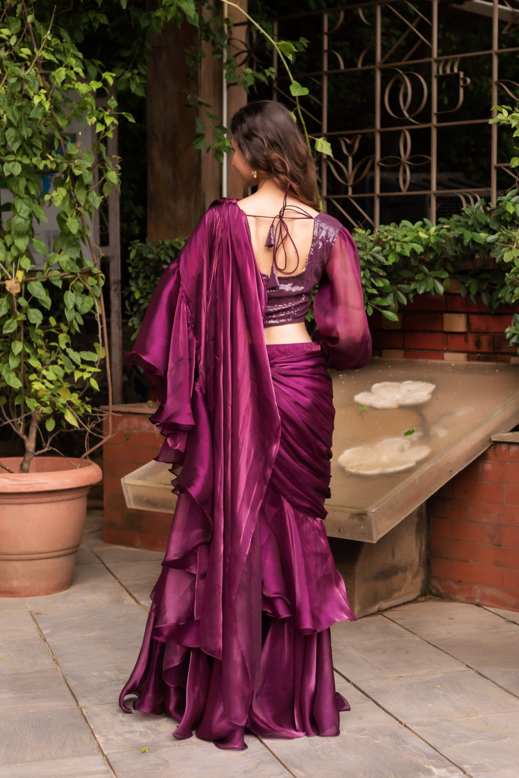 Wine Organza Sequin Ready To Drape Saree