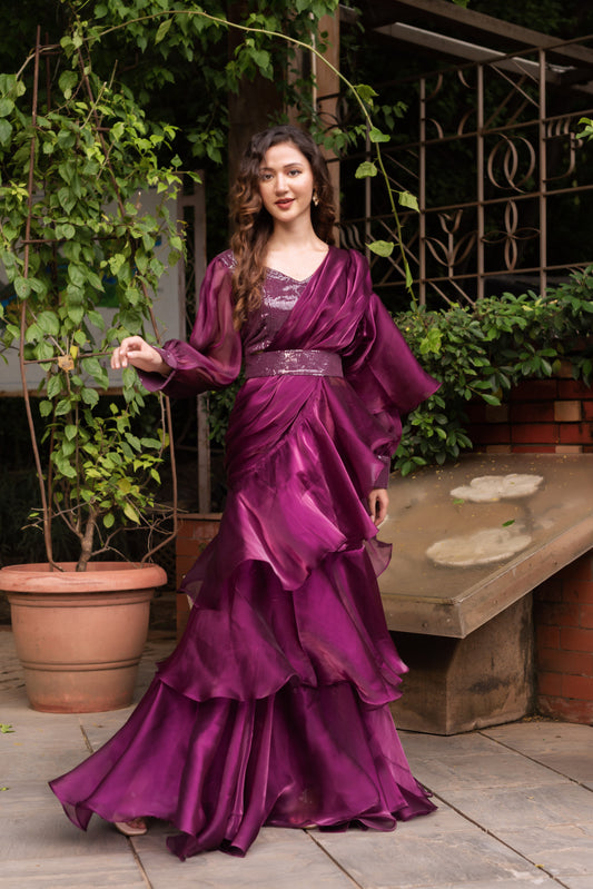 Wine Organza Sequin Ready To Drape Saree