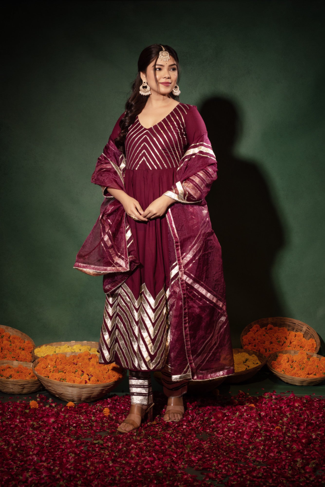 Wine Gotapatti Anarkali Suit Set